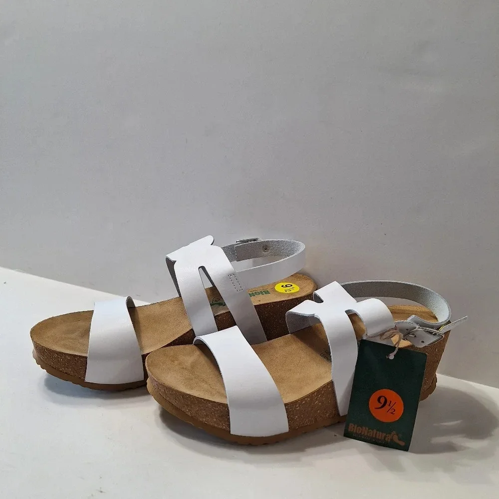 BioNatura Easy NEW White Tan Riviera Leather Preppy Platform Cork Wedges 9.5